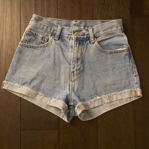 High waisted blue denim shorts